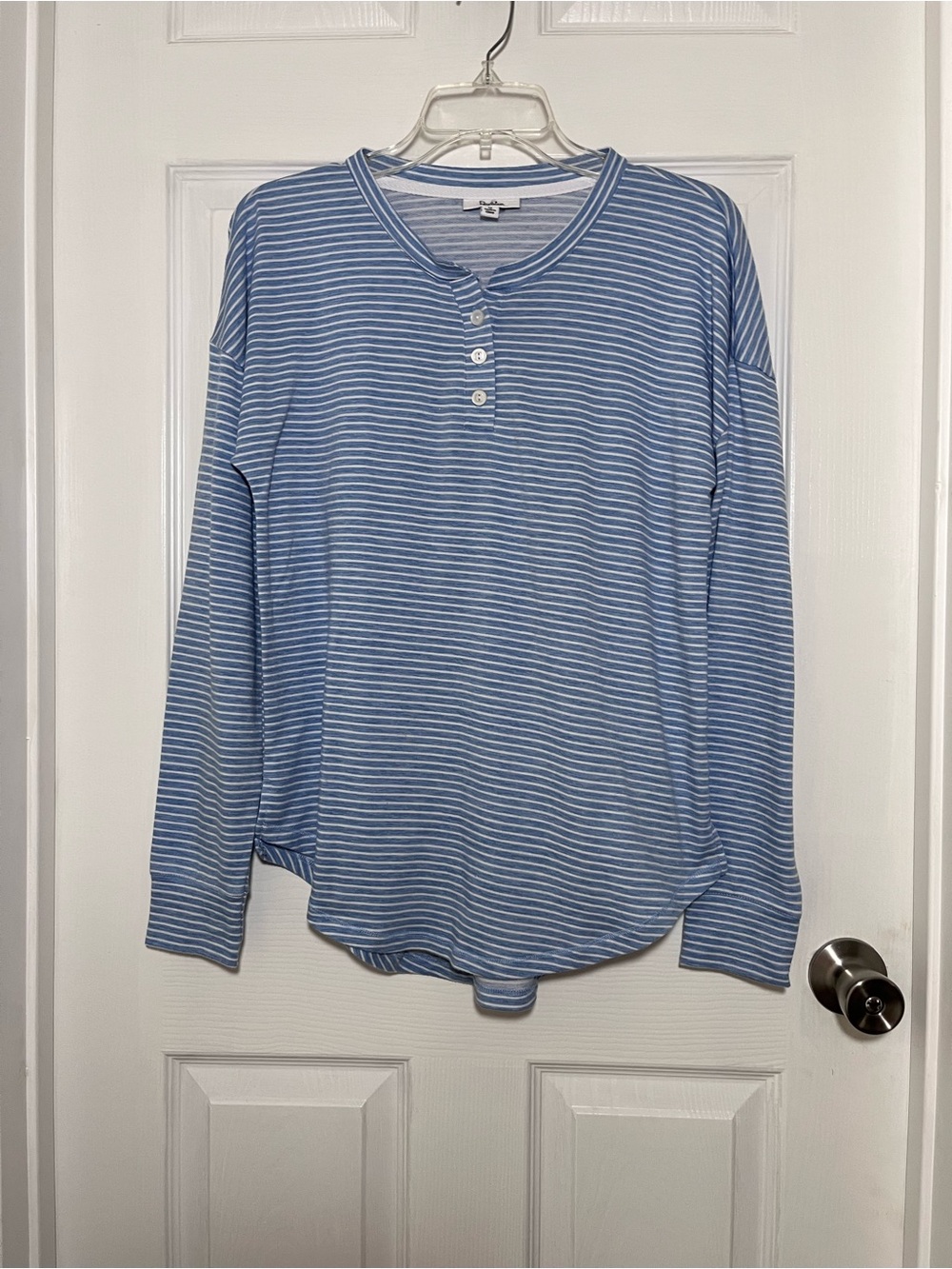Roudelain Women's Blue Striped Long-Sleeve Henley Pajama Top